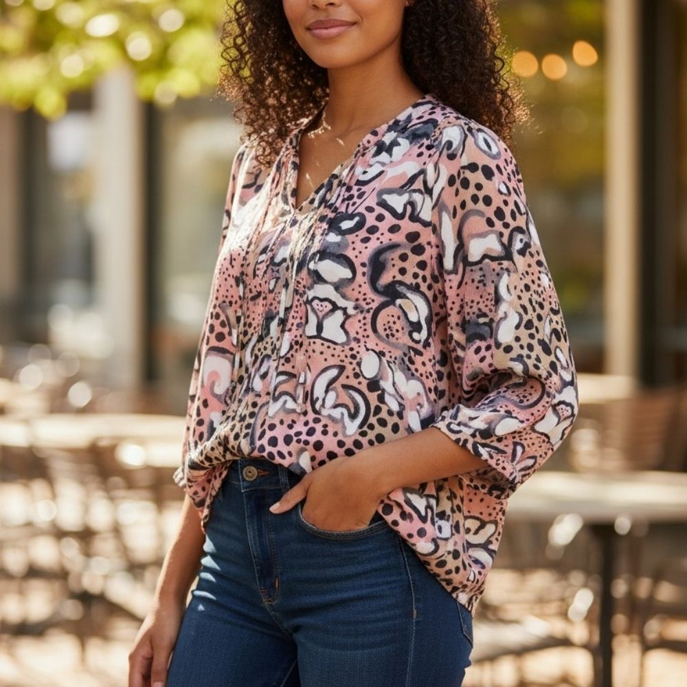 French Connection Sheer Abstract Pattern Blouse with 3/4 Sleeves